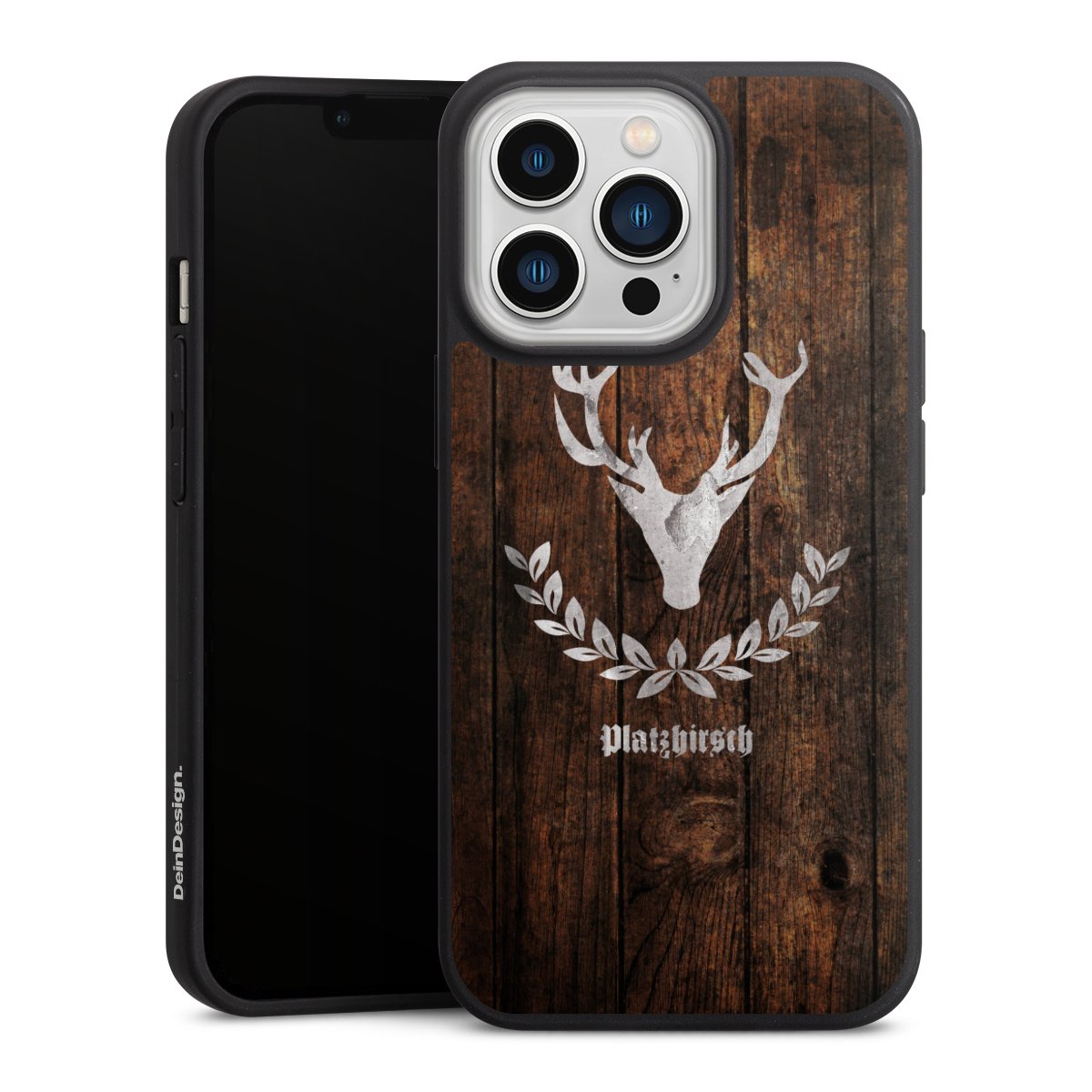 iPhone 13 Pro Handy Premium Silikon Hülle Handyhülle schwarz Case Deer Wood Wooden Look Silikon Premium Case