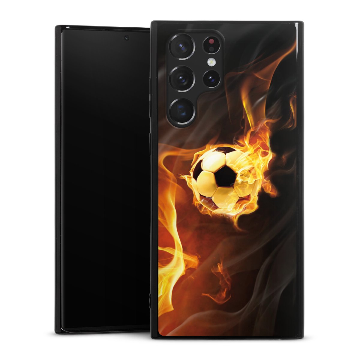 Galaxy S22 Ultra Handy Silikon Hülle Case schwarz Handyhülle Ball Fire Soccer