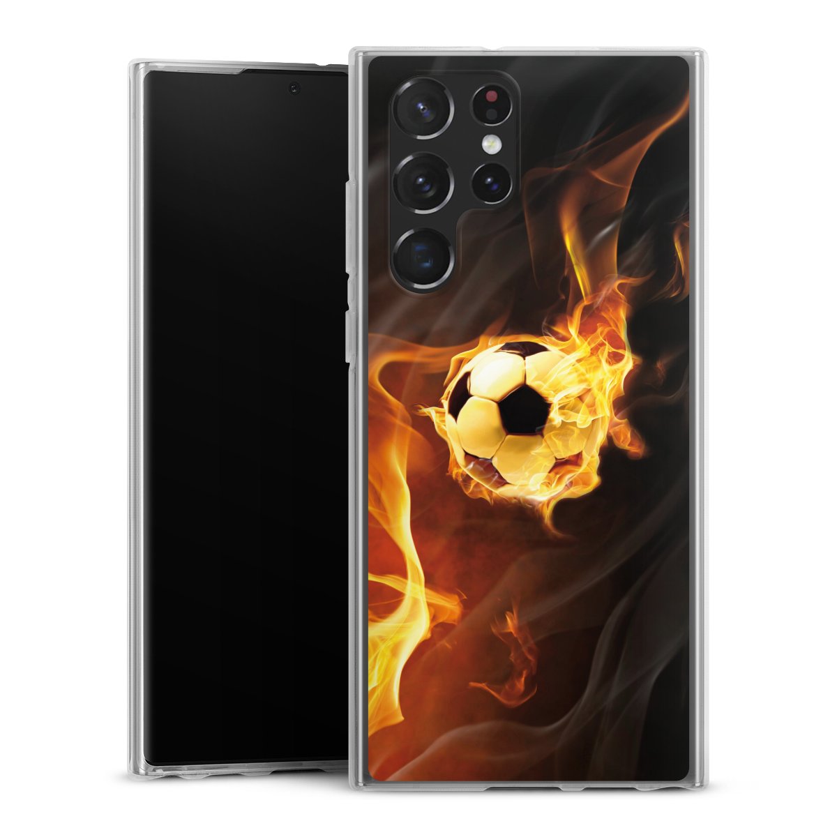 Galaxy S22 Ultra Handy Silikon Hülle Case transparent Handyhülle Ball Fire Soccer Silikon Case