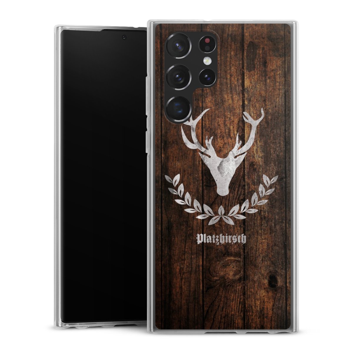 Galaxy S22 Ultra Handy Silikon Hülle Case transparent Handyhülle Deer Wood Wooden Look Silikon Case