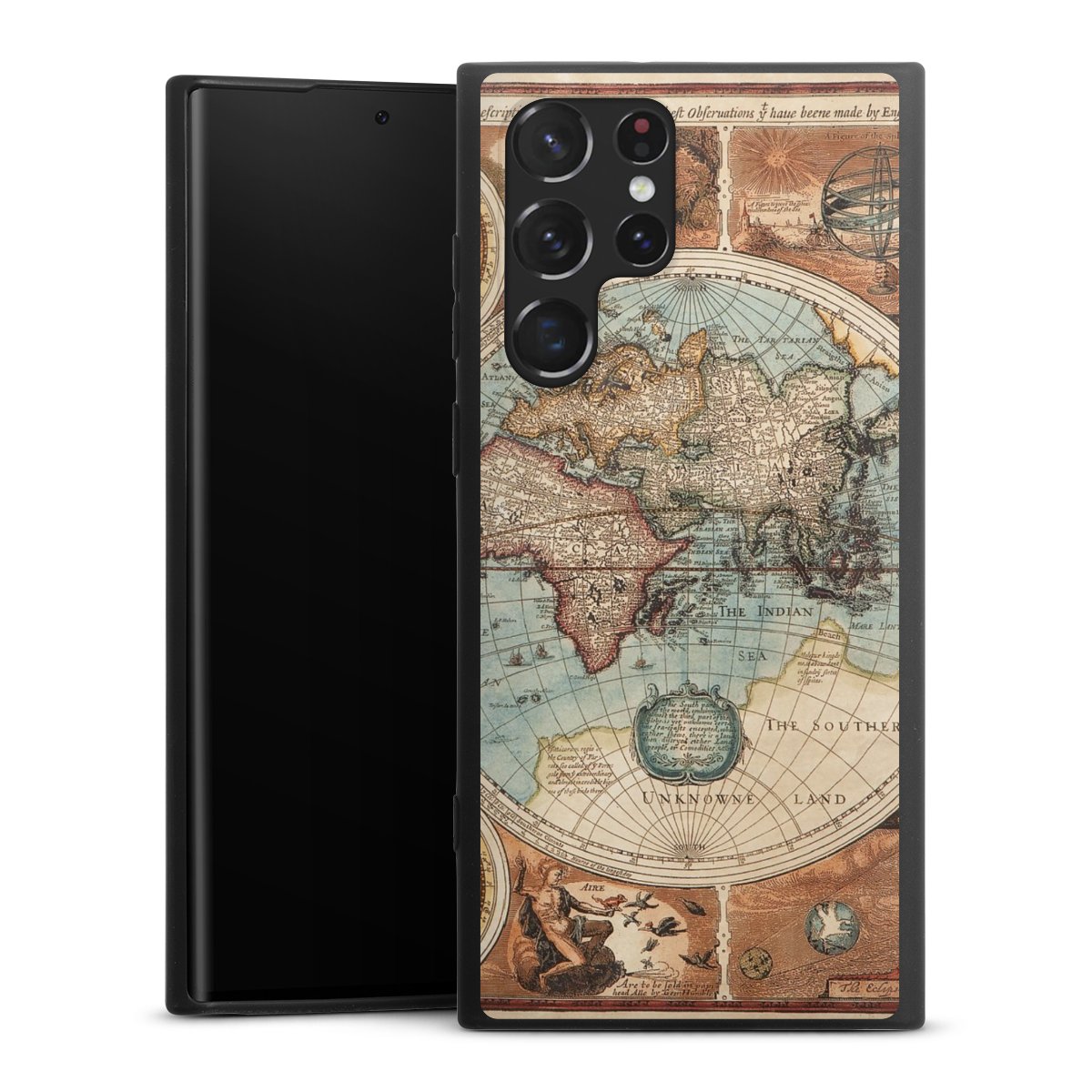 Galaxy S22 Ultra Handy Premium Silikon Hülle Handyhülle schwarz Case World Map Vintage Map Silikon Premium Case