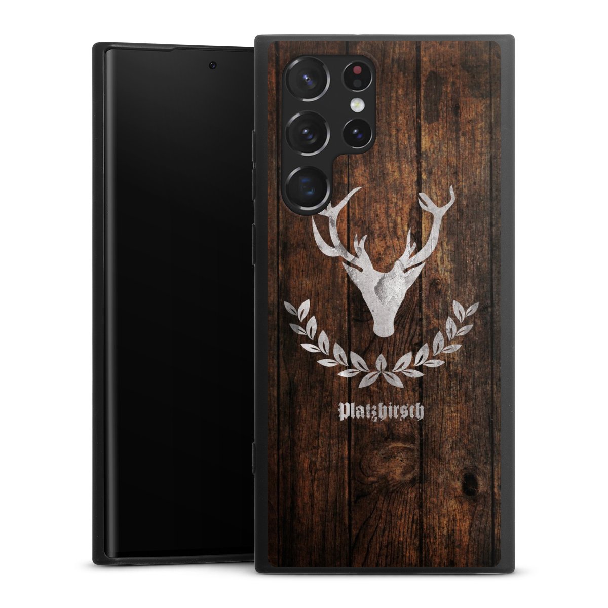 Galaxy S22 Ultra Handy Premium Silikon Hülle Handyhülle schwarz Case Deer Wood Wooden Look Silikon Premium Case