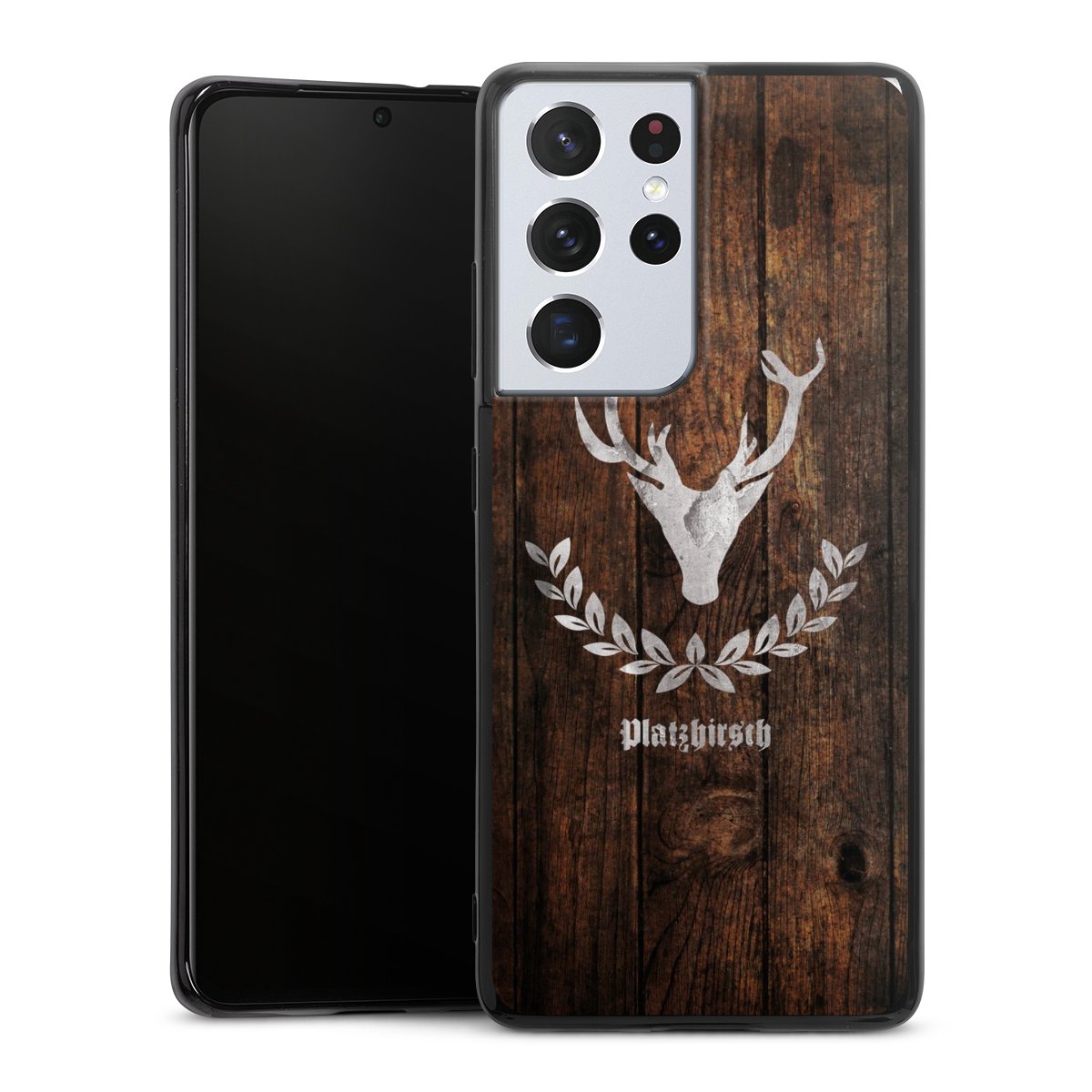 Galaxy S21 Ultra 5G Handy Silikon Hülle Case schwarz Handyhülle Deer Wood Wooden Look