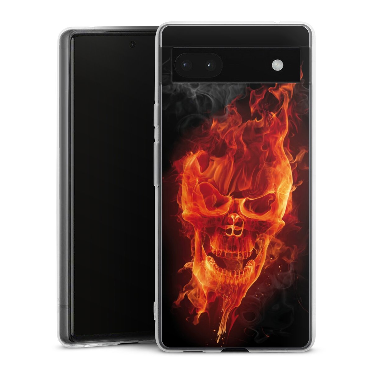 Google Pixel 6a Handy Silikon Hülle Case transparent Handyhülle Totenkopf Skull Fire Silikon Case