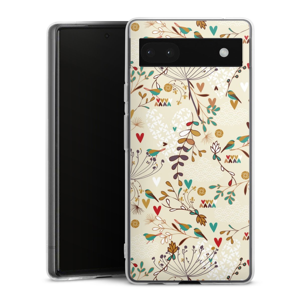 Google Pixel 6a Handy Silikon Hülle Case transparent Handyhülle Bird Flowers Retro Silikon Case