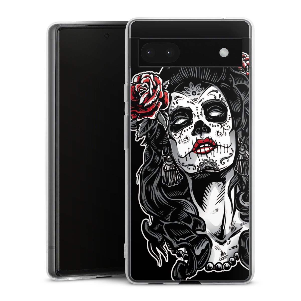 Google Pixel 6a Handy Silikon Hülle Case transparent Handyhülle Totenkopf Día De Los Muertos Rock 'N' Roll Silikon Case