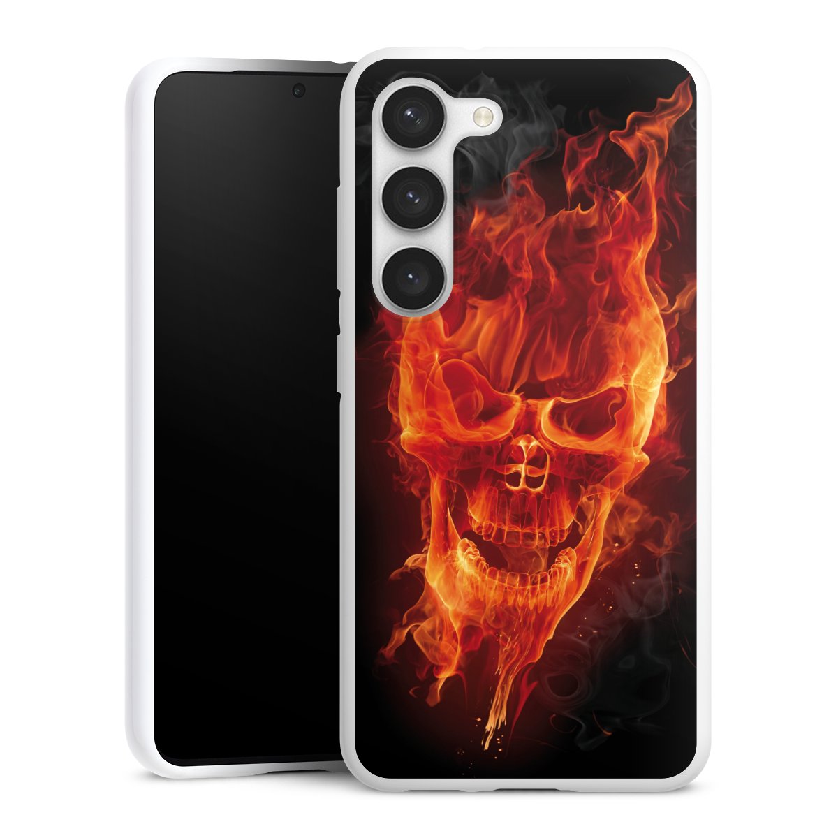 Galaxy S23 Handy Silikon Hülle Case weiß Handyhülle Totenkopf Skull Fire Silikon Case