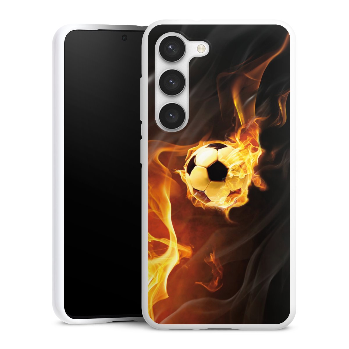 Galaxy S23 Handy Silikon Hülle Case weiß Handyhülle Ball Fire Soccer Silikon Case