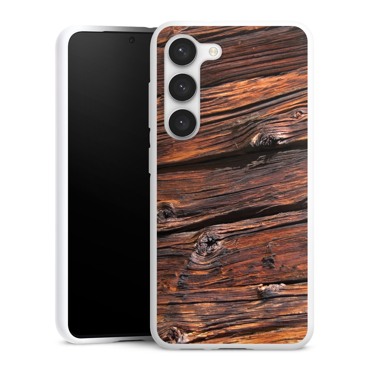 Galaxy S23 Handy Silikon Hülle Case weiß Handyhülle Beams Wooden Look Wood Silikon Case