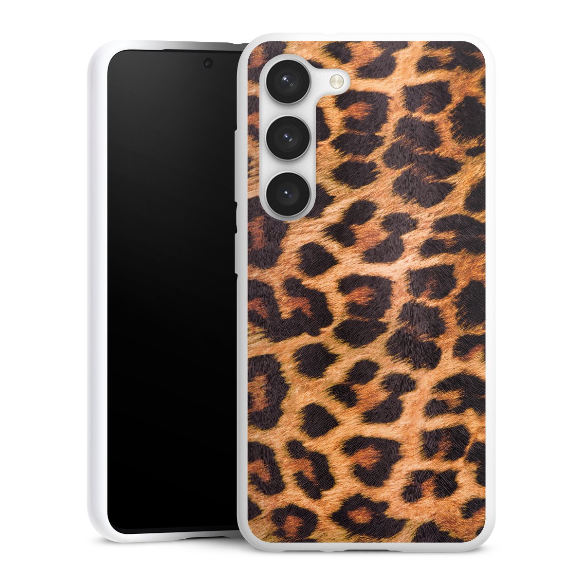 Galaxy S23 Handy Silikon Hülle Case weiß Handyhülle Animal Print Leopard Fur Silikon Case