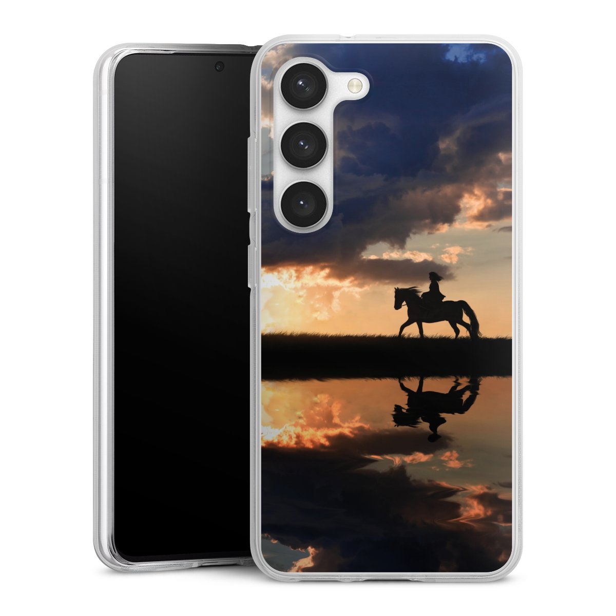 Galaxy S23 Handy Silikon Hülle Case transparent Handyhülle Horse Sunset Horseback Riding Silikon Case