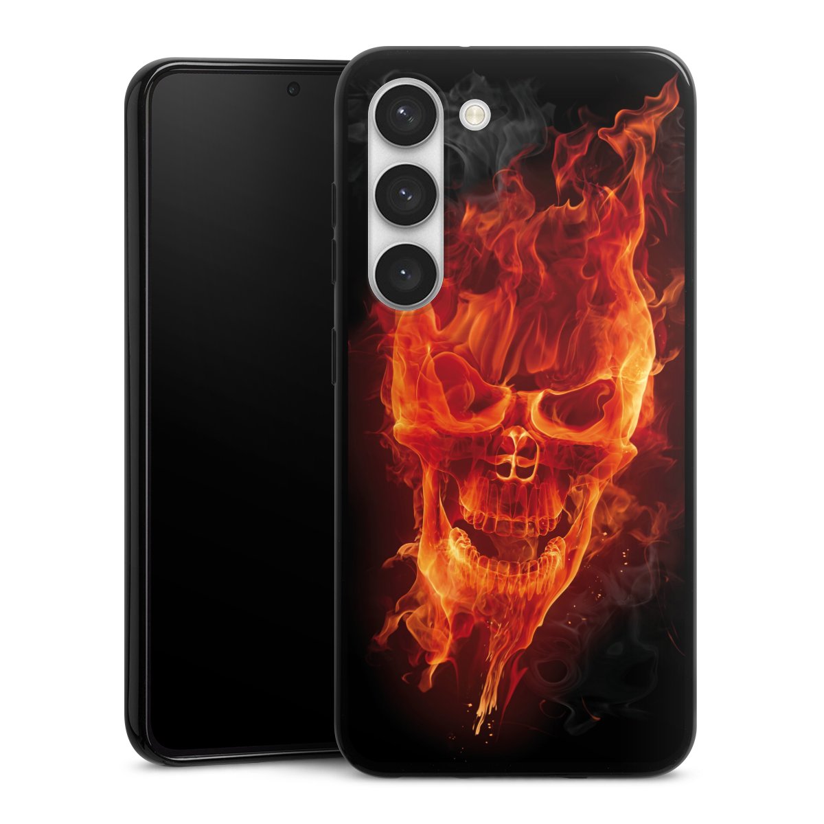 Galaxy S23 Handy Silikon Hülle Case schwarz Handyhülle Totenkopf Skull Fire