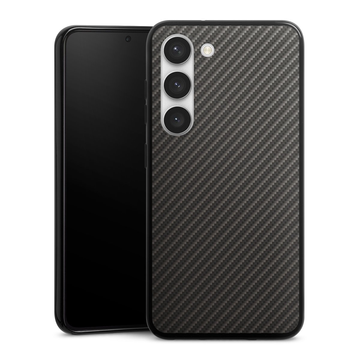 Galaxy S23 Handy Silikon Hülle Case schwarz Handyhülle Metallic Look Carbon Muster