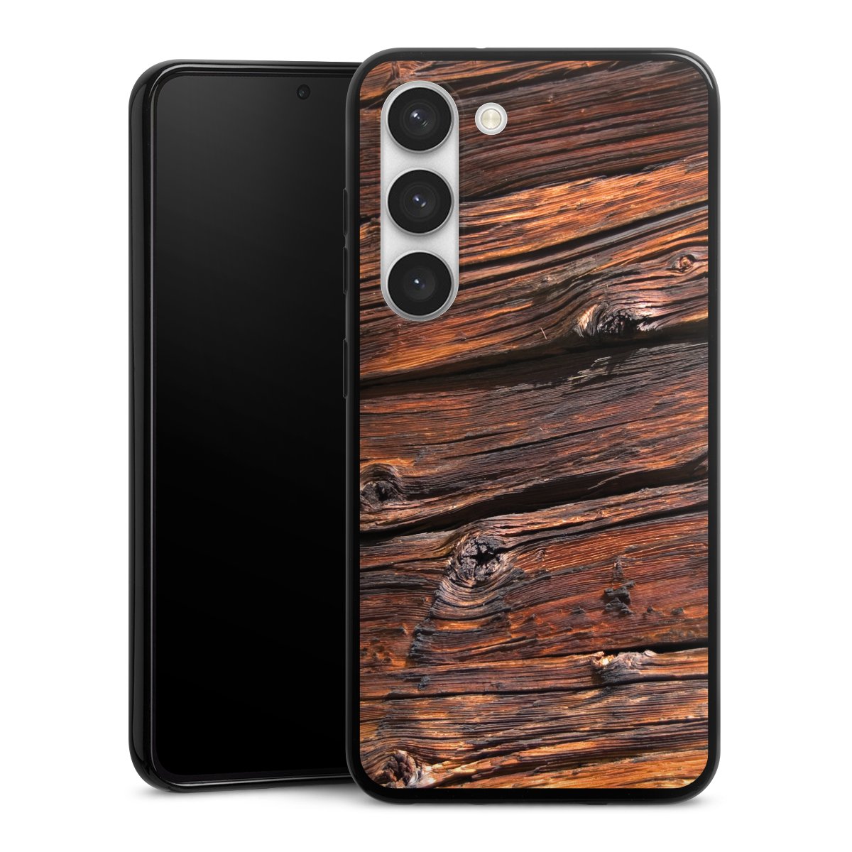 Galaxy S23 Handy Silikon Hülle Case schwarz Handyhülle Beams Wooden Look Wood