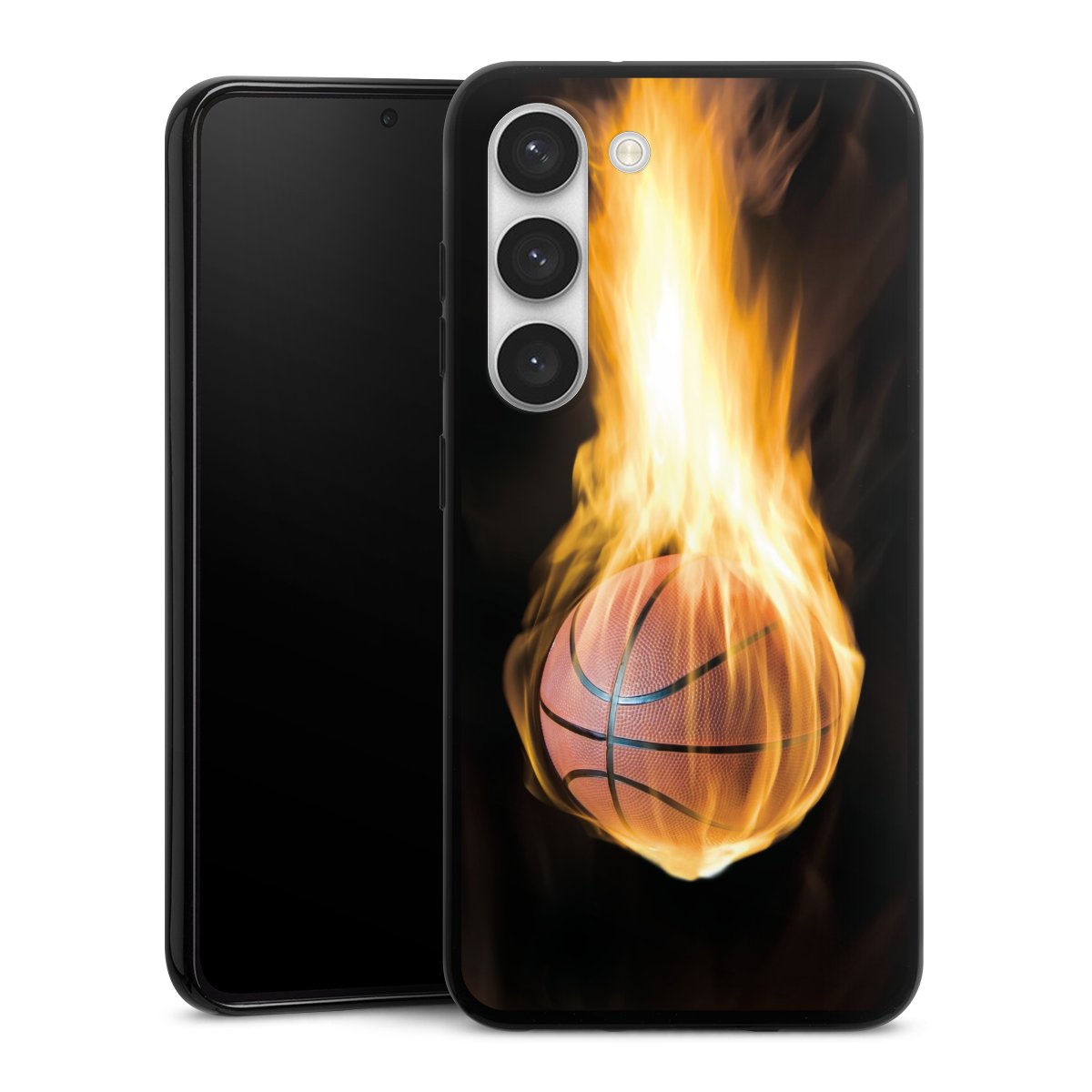 Galaxy S23 Handy Silikon Hülle Case schwarz Handyhülle Basketball Sports Fire