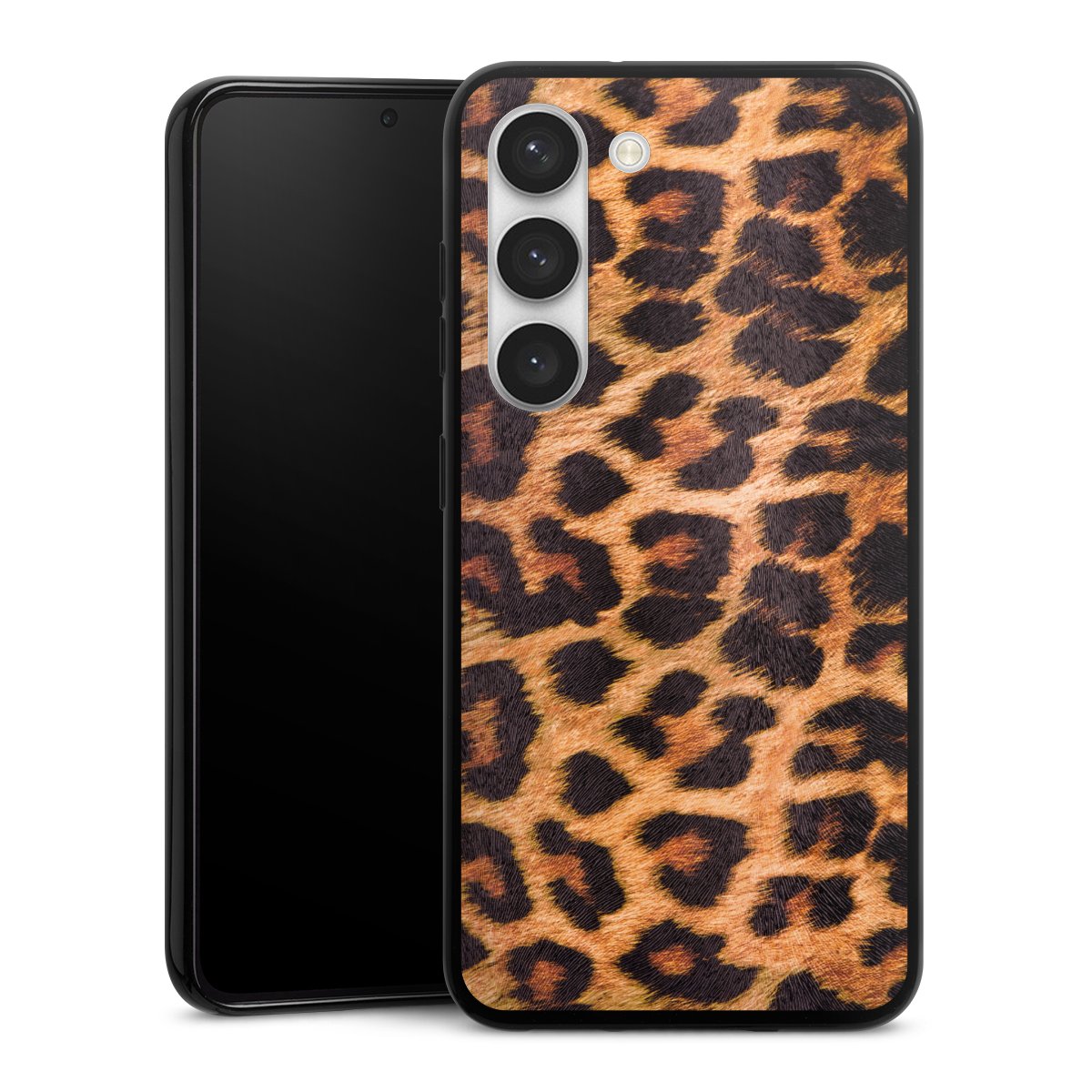 Galaxy S23 Handy Silikon Hülle Case schwarz Handyhülle Animal Print Leopard Fur