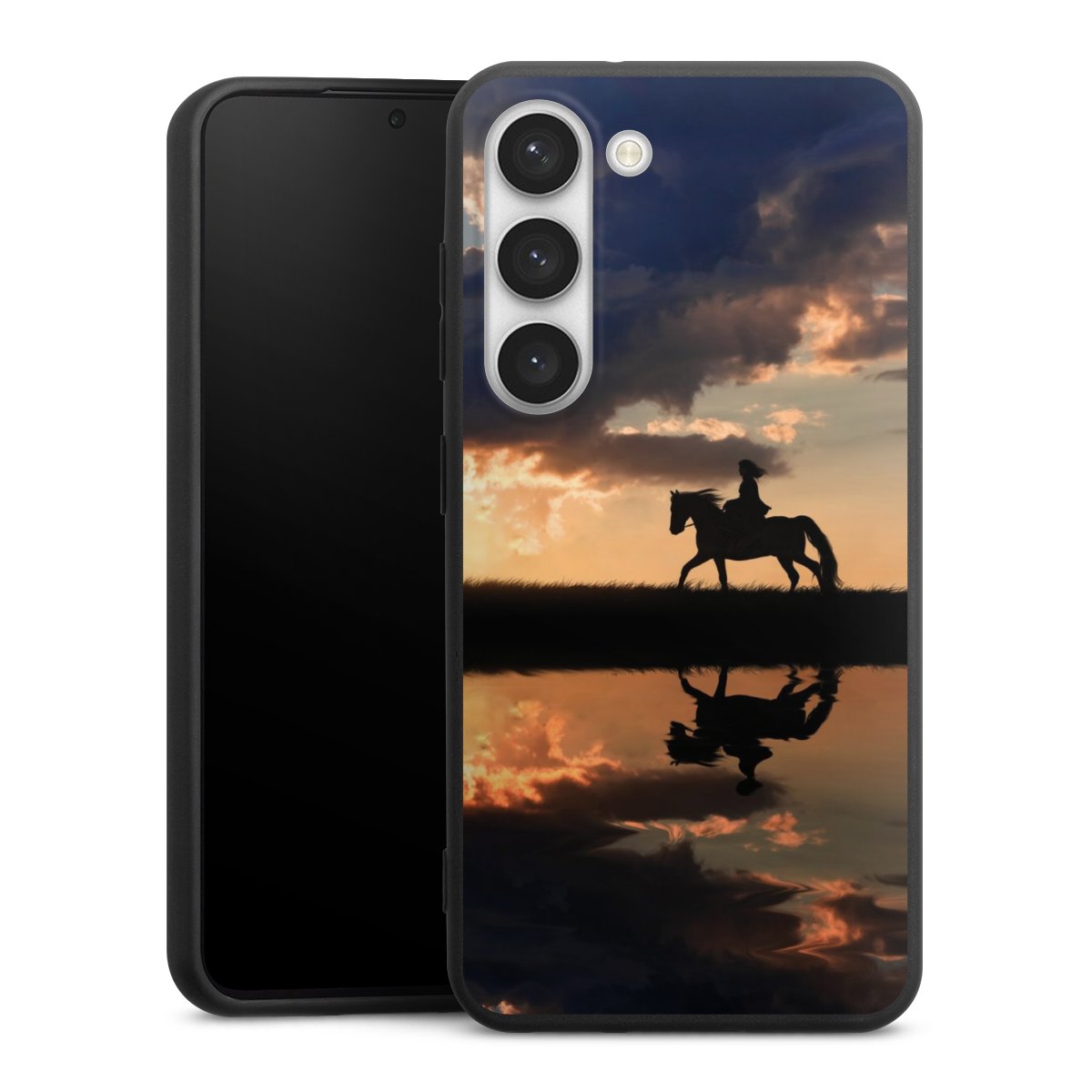 Galaxy S23 Handy Premium Silikon Hülle Handyhülle schwarz Case Horse Sunset Horseback Riding Silikon Premium Case