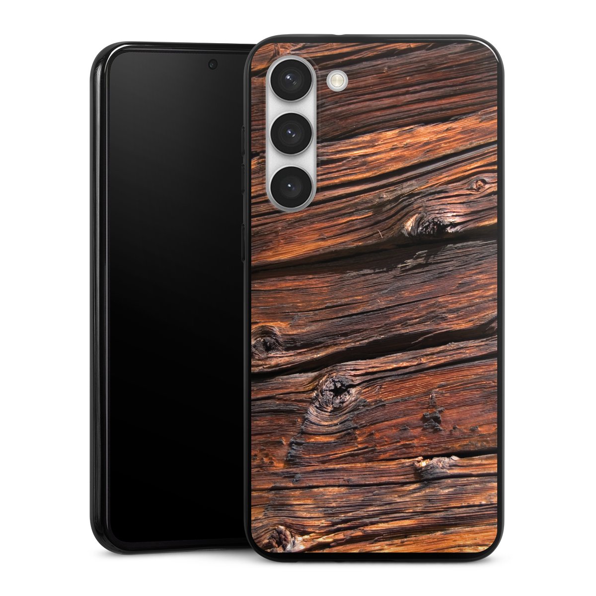 Galaxy S23+ Handy Silikon Hülle Case schwarz Handyhülle Beams Wooden Look Wood