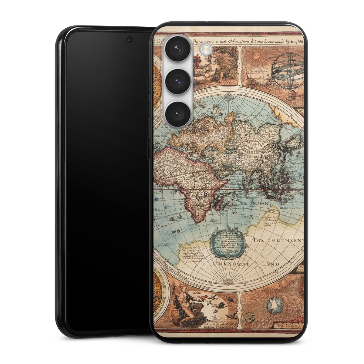 Galaxy S23+ Handy Silikon Hülle Case schwarz Handyhülle World Map Vintage Map