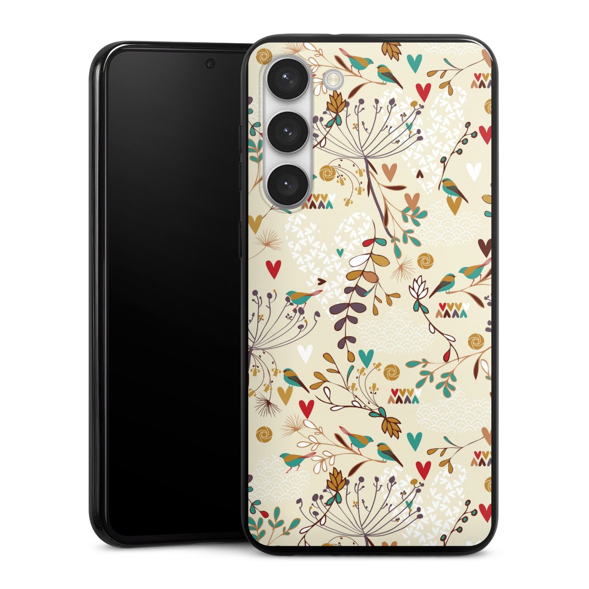 Galaxy S23+ Handy Silikon Hülle Case schwarz Handyhülle Bird Flowers Retro