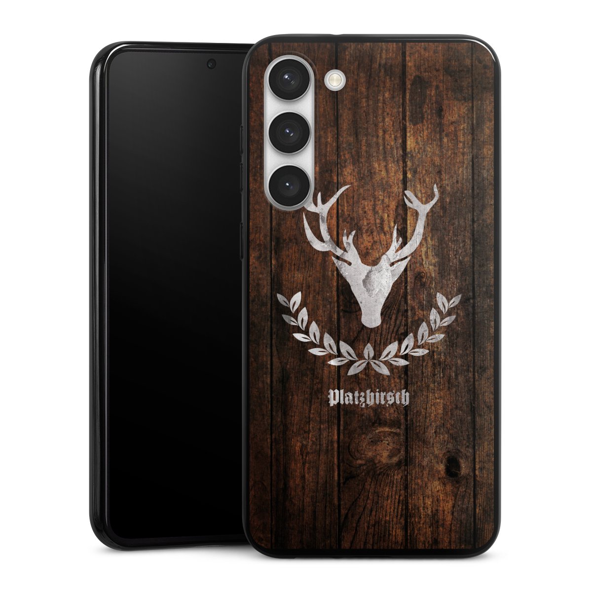 Galaxy S23+ Handy Silikon Hülle Case schwarz Handyhülle Deer Wood Wooden Look