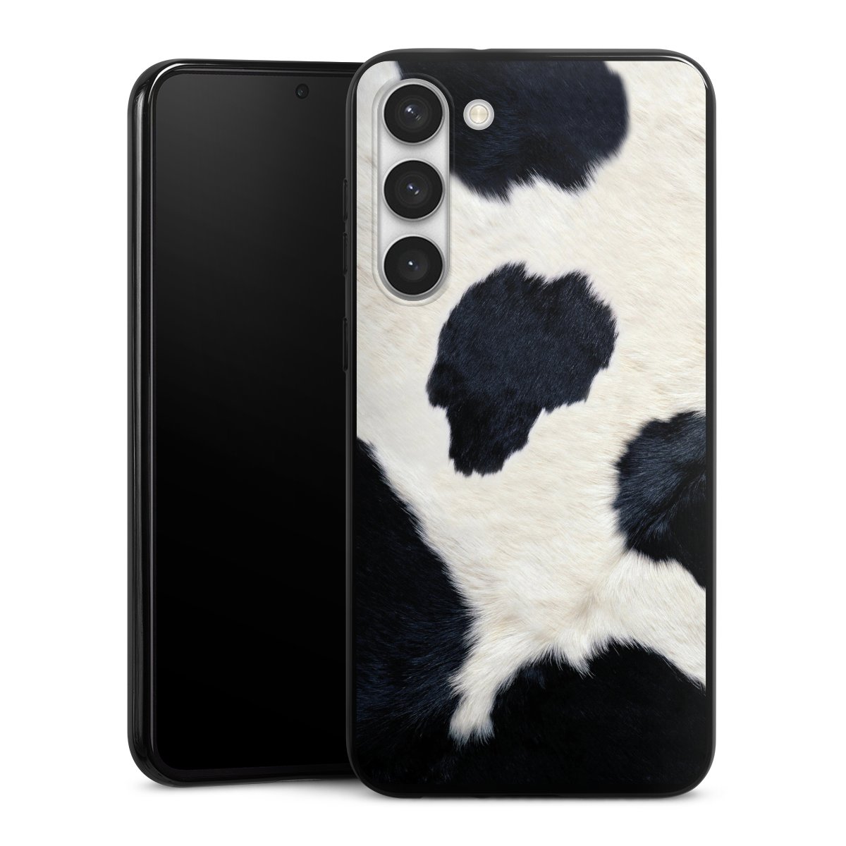 Galaxy S23+ Handy Silikon Hülle Case schwarz Handyhülle Animal Look Animal Print Cow Skin