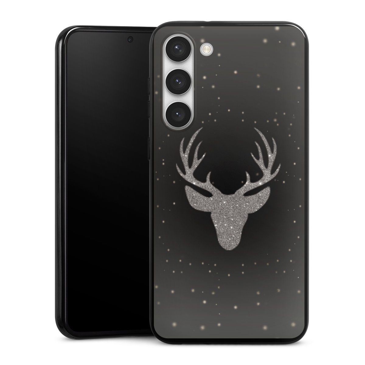 Galaxy S23+ Handy Silikon Hülle Case schwarz Handyhülle Winter Deer Glitzer