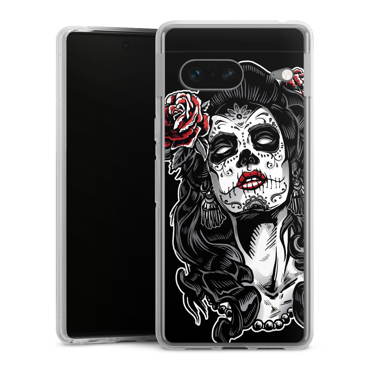 Google Pixel 7 Handy Silikon Hülle Case transparent Handyhülle Totenkopf Día De Los Muertos Rock 'N' Roll Silikon Case