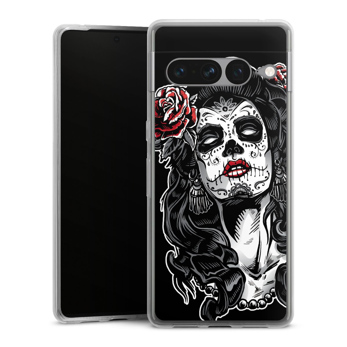 Google Pixel 7 Pro Handy Silikon Hülle Case transparent Handyhülle Totenkopf Día De Los Muertos Rock 'N' Roll Silikon Case