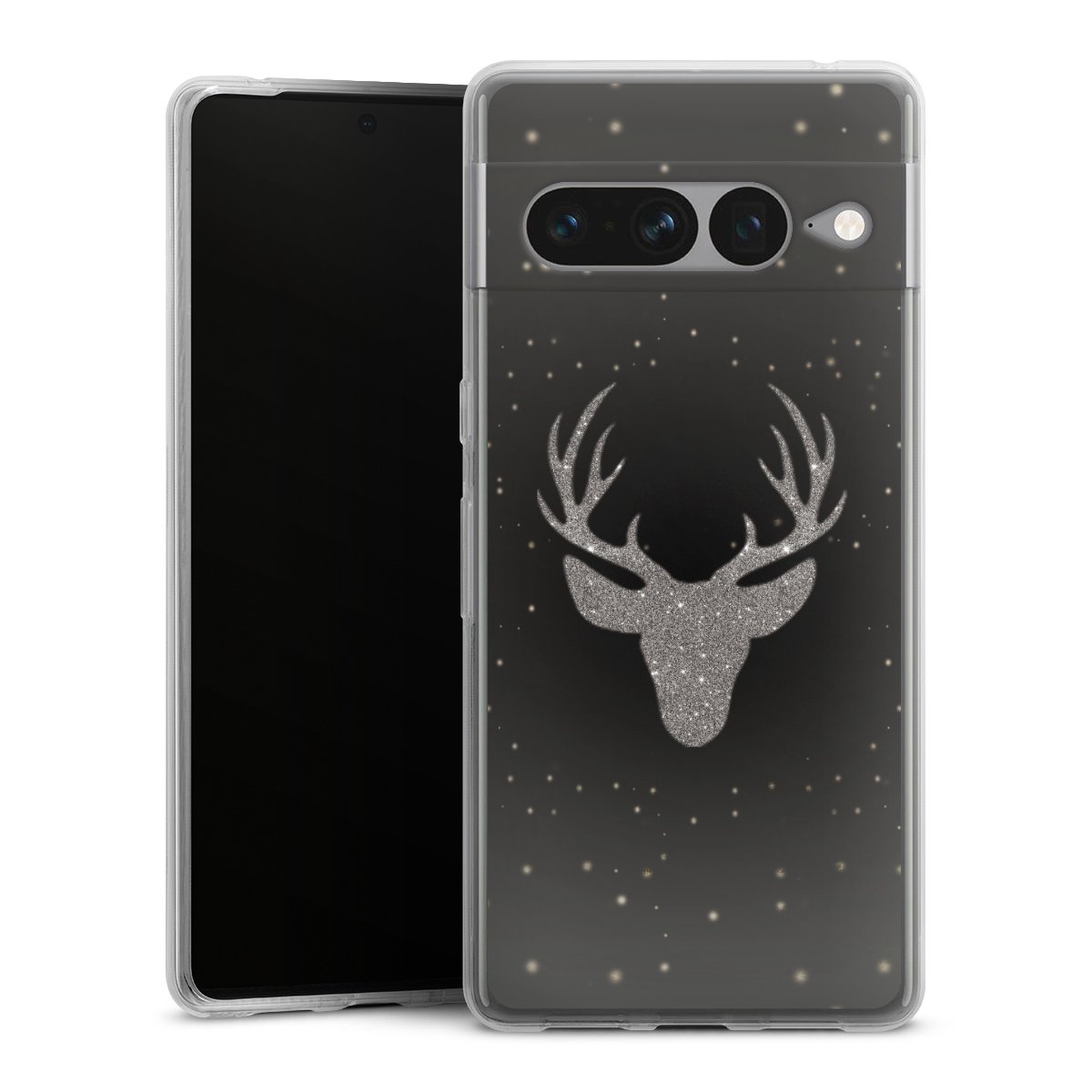 Google Pixel 7 Pro Handy Silikon Hülle Case transparent Handyhülle Winter Deer Glitzer Silikon Case