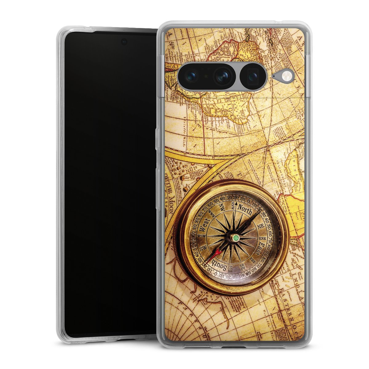 Google Pixel 7 Pro Handy Silikon Hülle Case transparent Handyhülle World Map Map Compass Silikon Case