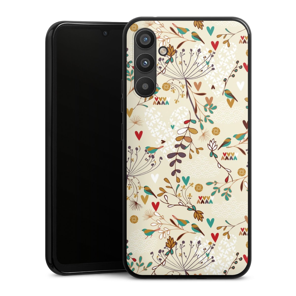 Galaxy A34 5G Handy Silikon Hülle Case schwarz Handyhülle Bird Flowers Retro