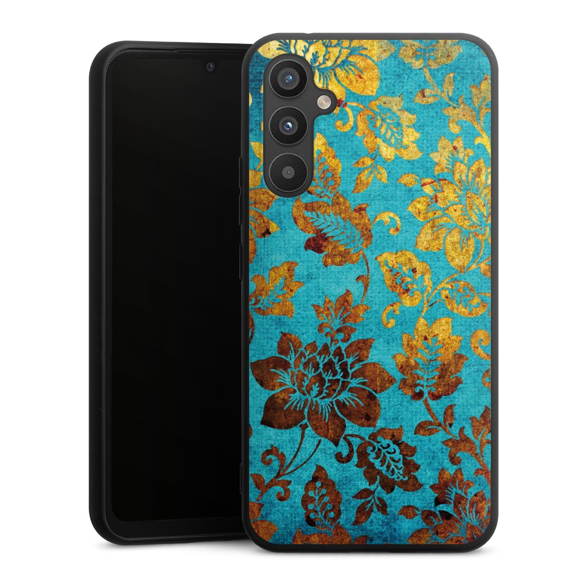 Galaxy A34 5G Handy Premium Silikon Hülle Handyhülle schwarz Case Ornament Vintage Flowers Silikon Premium Case