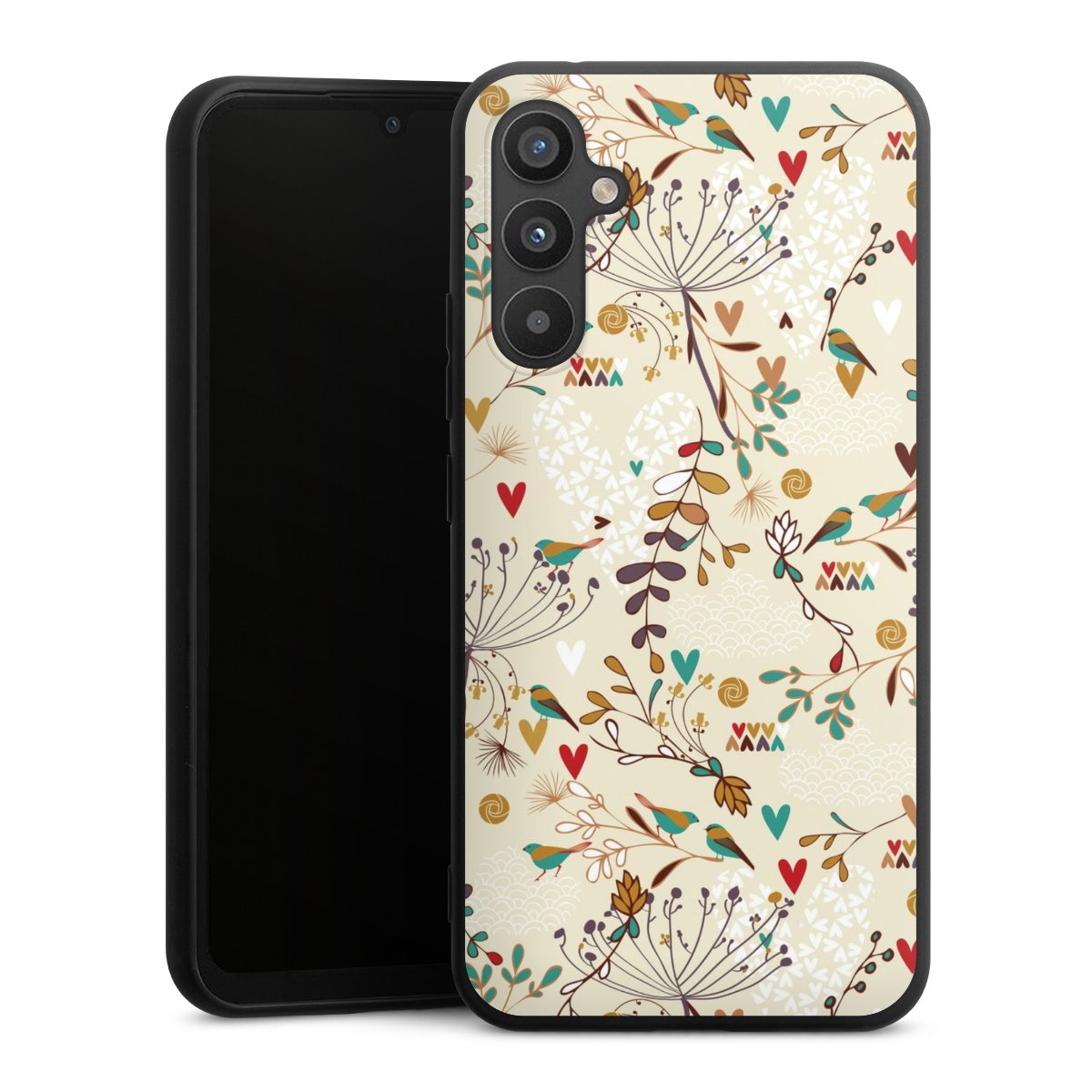 Galaxy A34 5G Handy Premium Silikon Hülle Handyhülle schwarz Case Bird Flowers Retro Silikon Premium Case