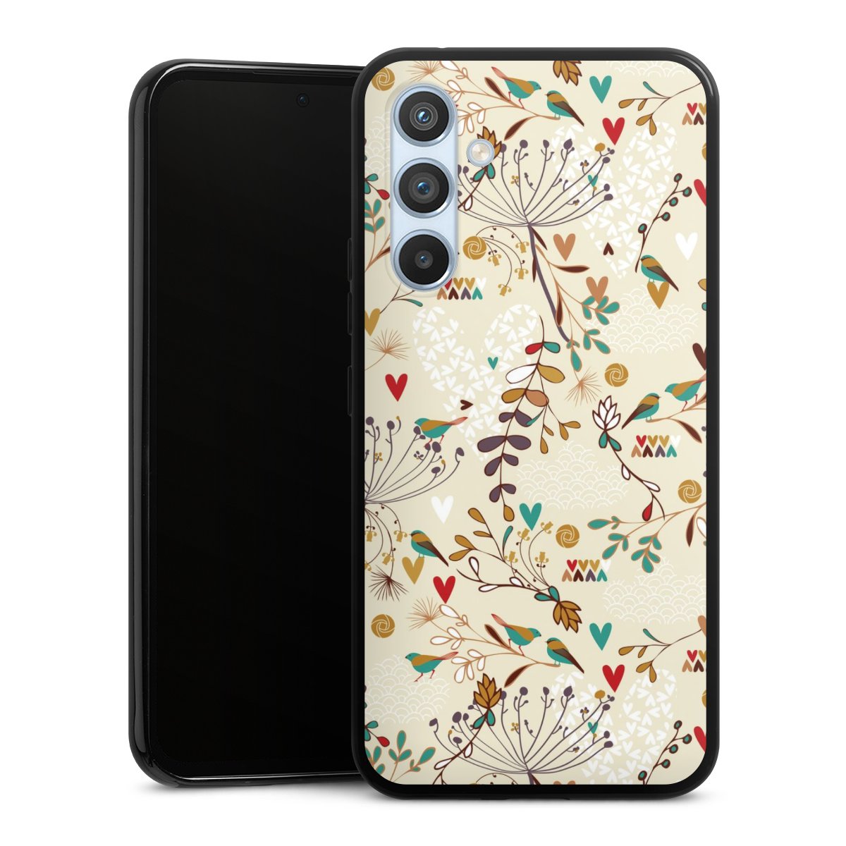 Galaxy A54 5G Handy Silikon Hülle Case schwarz Handyhülle Bird Flowers Retro