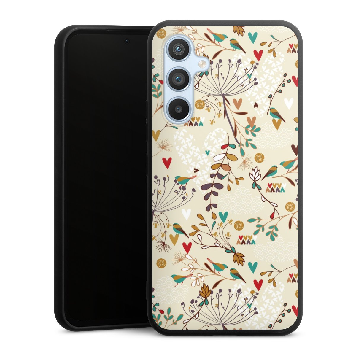 Galaxy A54 5G Handy Premium Silikon Hülle Handyhülle schwarz Case Bird Flowers Retro Silikon Premium Case