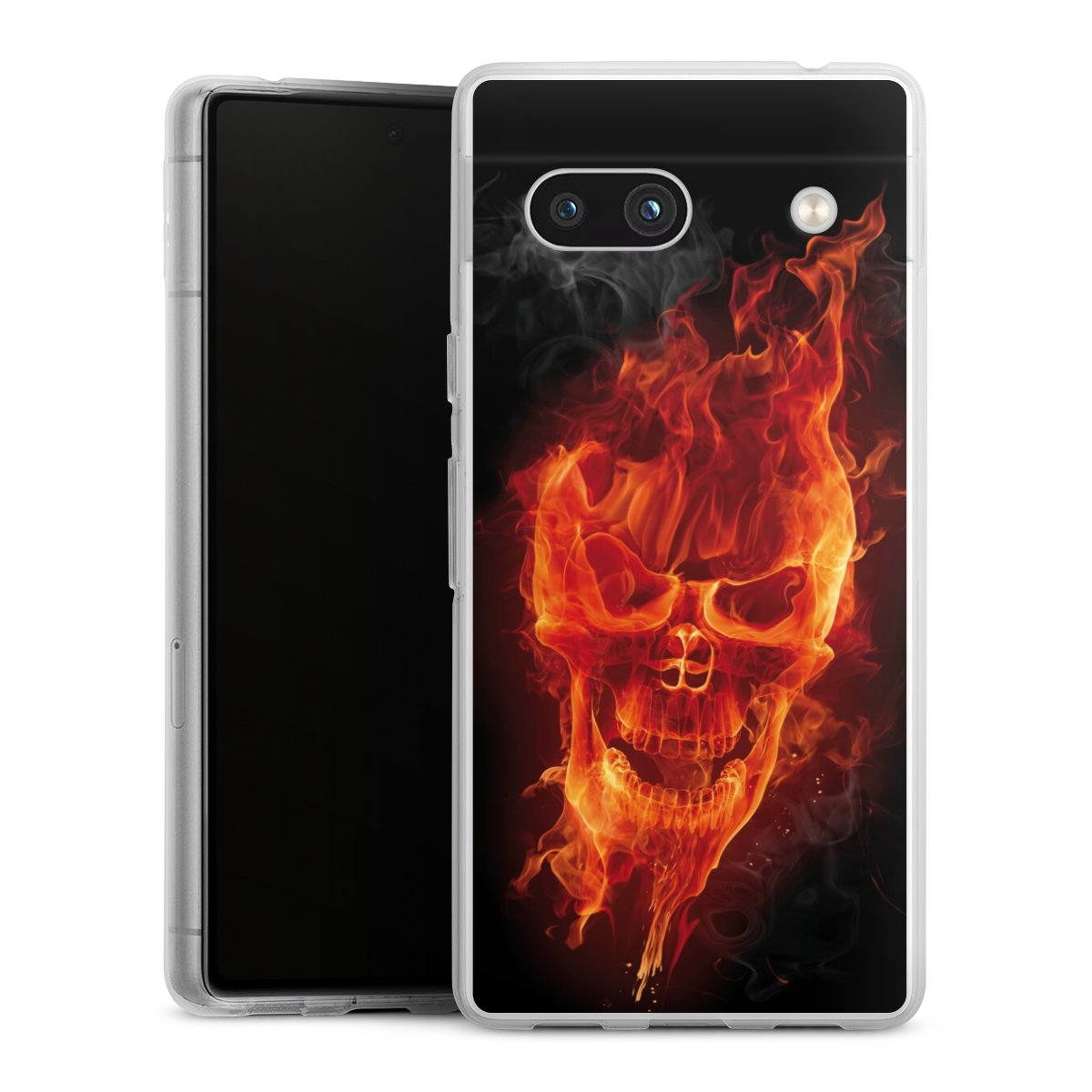 Google Pixel 7a Handy Silikon Hülle Case transparent Handyhülle Totenkopf Skull Fire Silikon Case