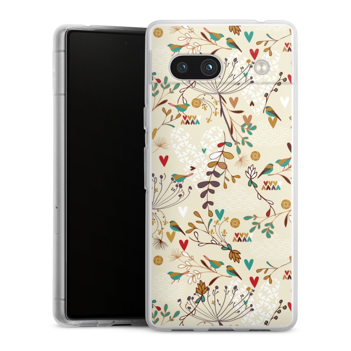 Google Pixel 7a Handy Silikon Hülle Case transparent Handyhülle Bird Flowers Retro Silikon Case