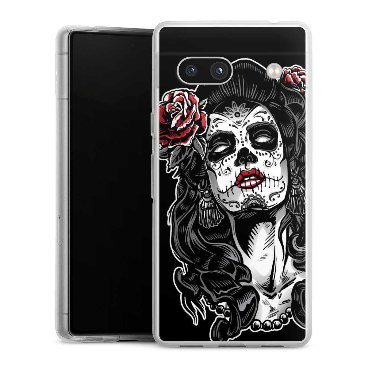 Google Pixel 7a Handy Silikon Hülle Case transparent Handyhülle Totenkopf Día De Los Muertos Rock 'N' Roll Silikon Case