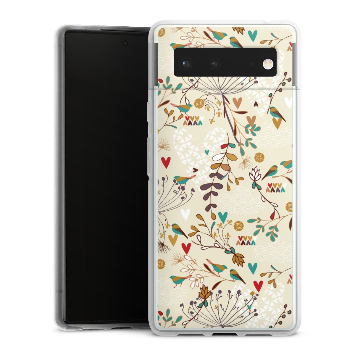 Google Pixel 6 Handy Silikon Hülle Case transparent Handyhülle Bird Flowers Retro Silikon Case