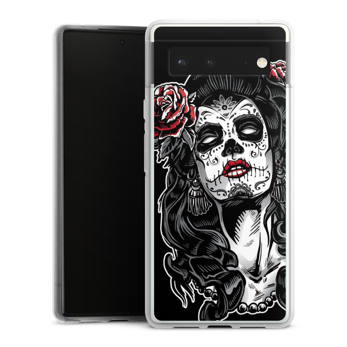 Google Pixel 6 Handy Silikon Hülle Case transparent Handyhülle Totenkopf Día De Los Muertos Rock 'N' Roll Silikon Case