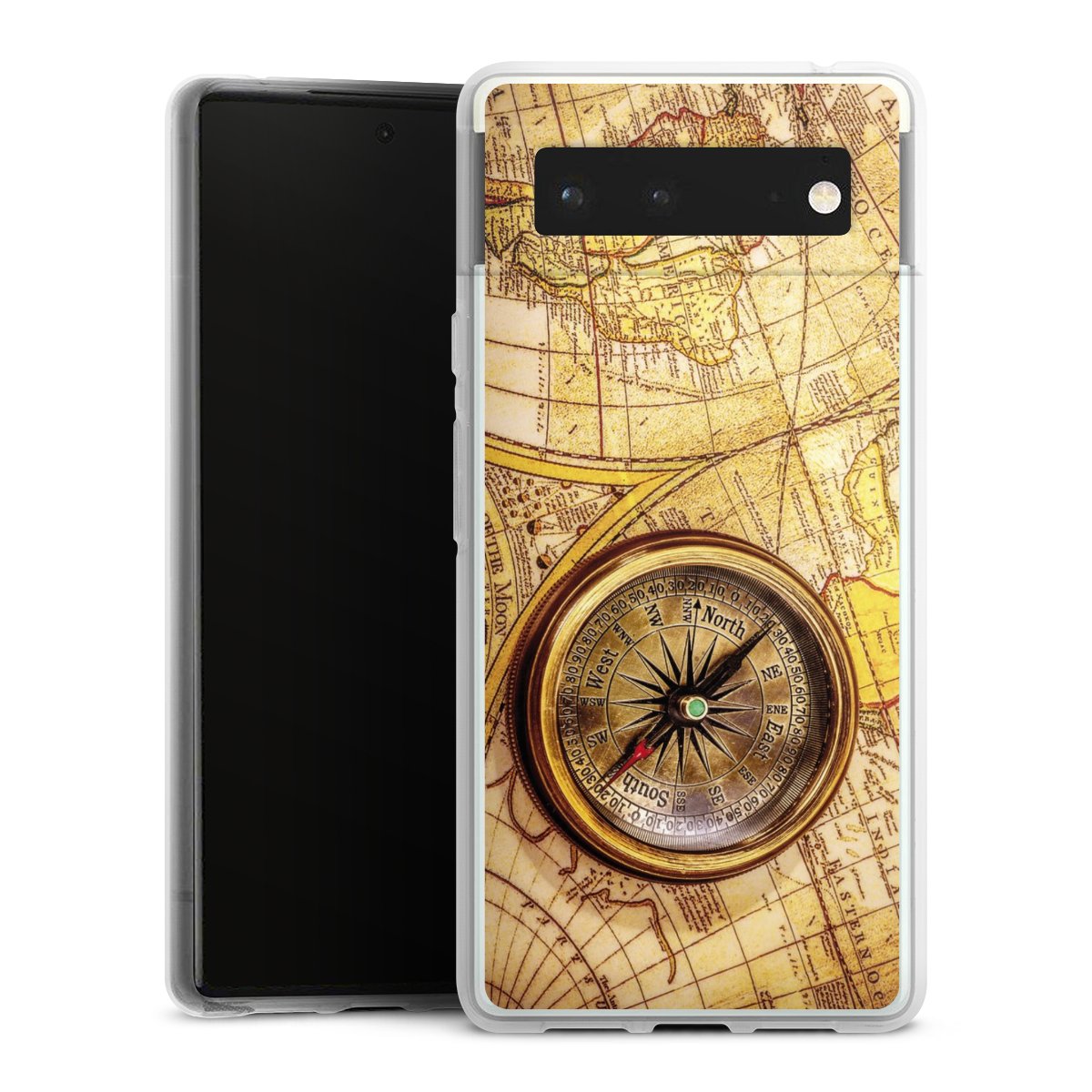 Google Pixel 6 Handy Silikon Hülle Case transparent Handyhülle World Map Map Compass Silikon Case