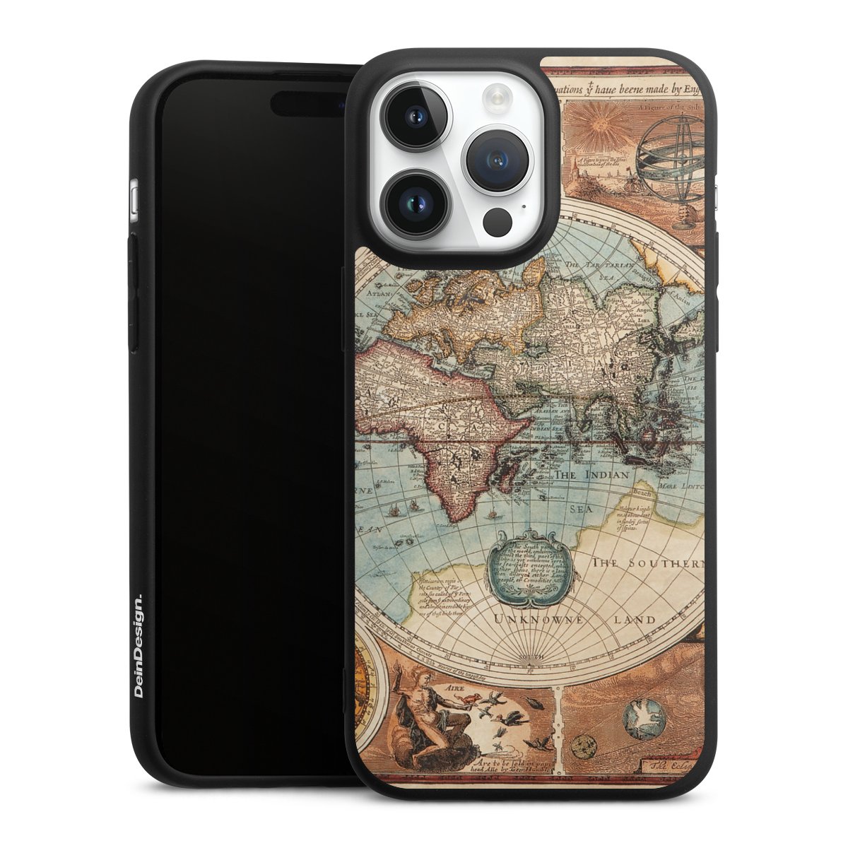 iPhone 14 Pro Max Handy Premium Silikon Hülle Handyhülle schwarz Case World Map Vintage Map Silikon Premium Case