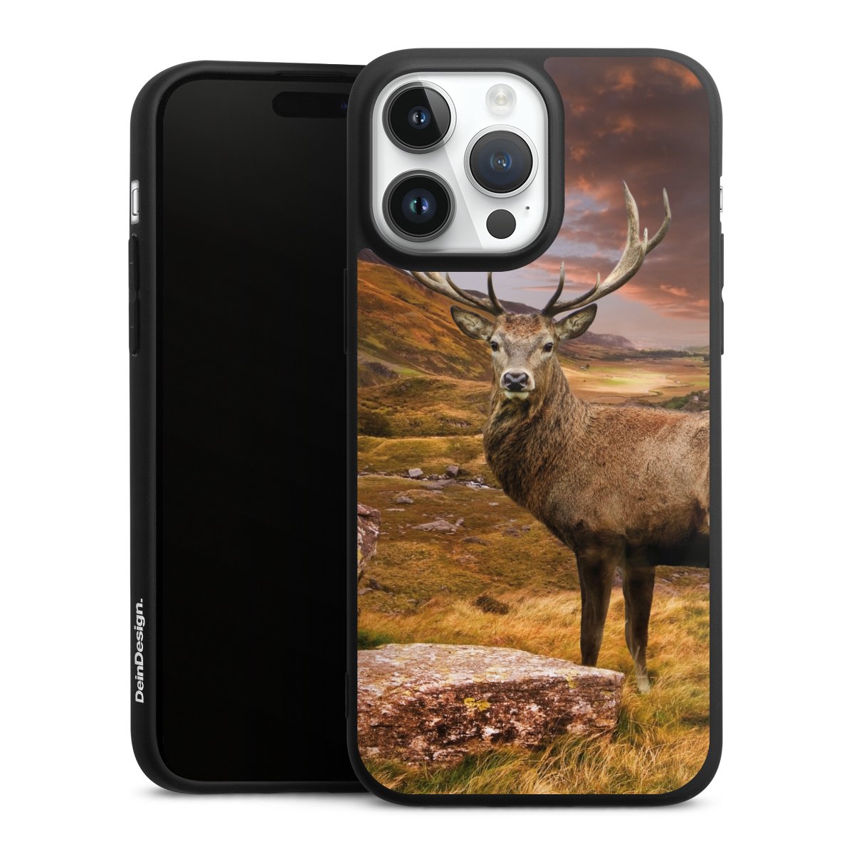 iPhone 14 Pro Max Handy Premium Silikon Hülle Handyhülle schwarz Case Meadow Mountain Deer Silikon Premium Case