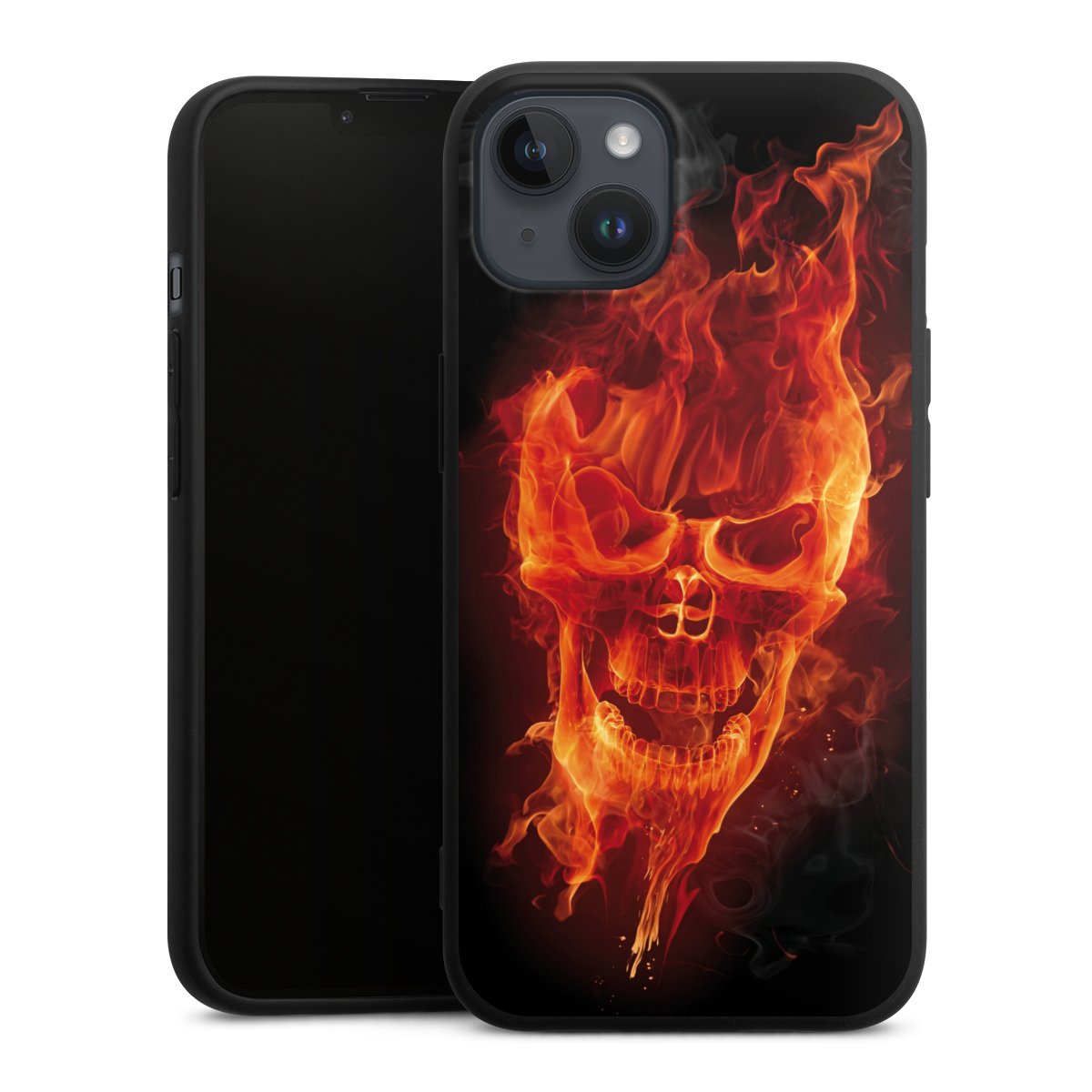 iPhone 14 Plus Handy Premium Silikon Hülle Handyhülle schwarz Case Totenkopf Skull Fire Silikon Premium Case