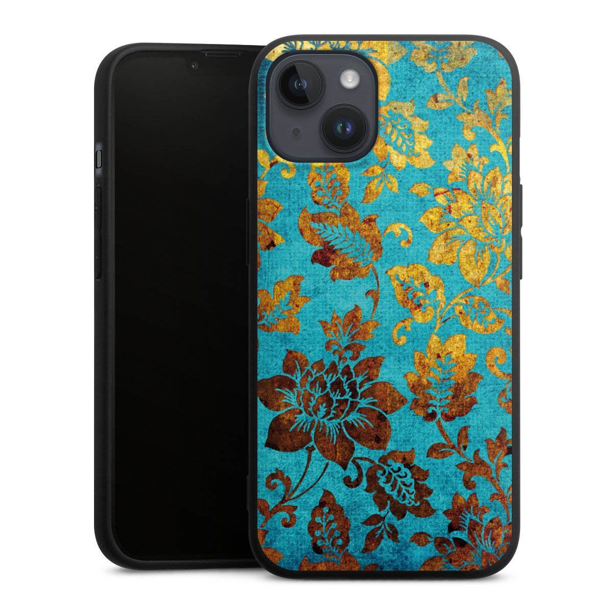 iPhone 14 Plus Handy Premium Silikon Hülle Handyhülle schwarz Case Ornament Vintage Flowers Silikon Premium Case