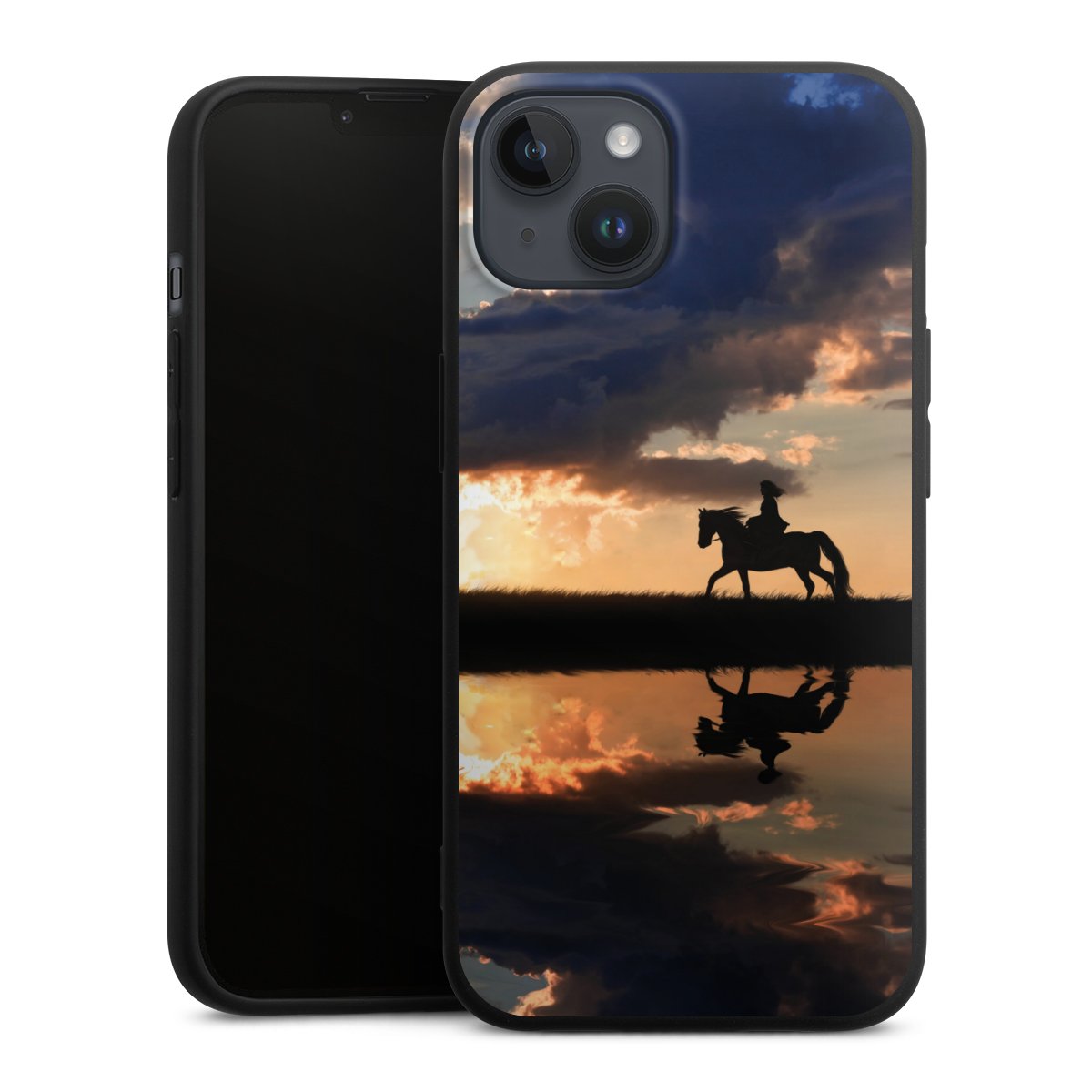 iPhone 14 Plus Handy Premium Silikon Hülle Handyhülle schwarz Case Horse Sunset Horseback Riding Silikon Premium Case