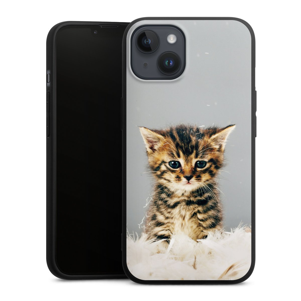 iPhone 14 Plus Handy Premium Silikon Hülle Handyhülle schwarz Case Cat Feather Pet Silikon Premium Case