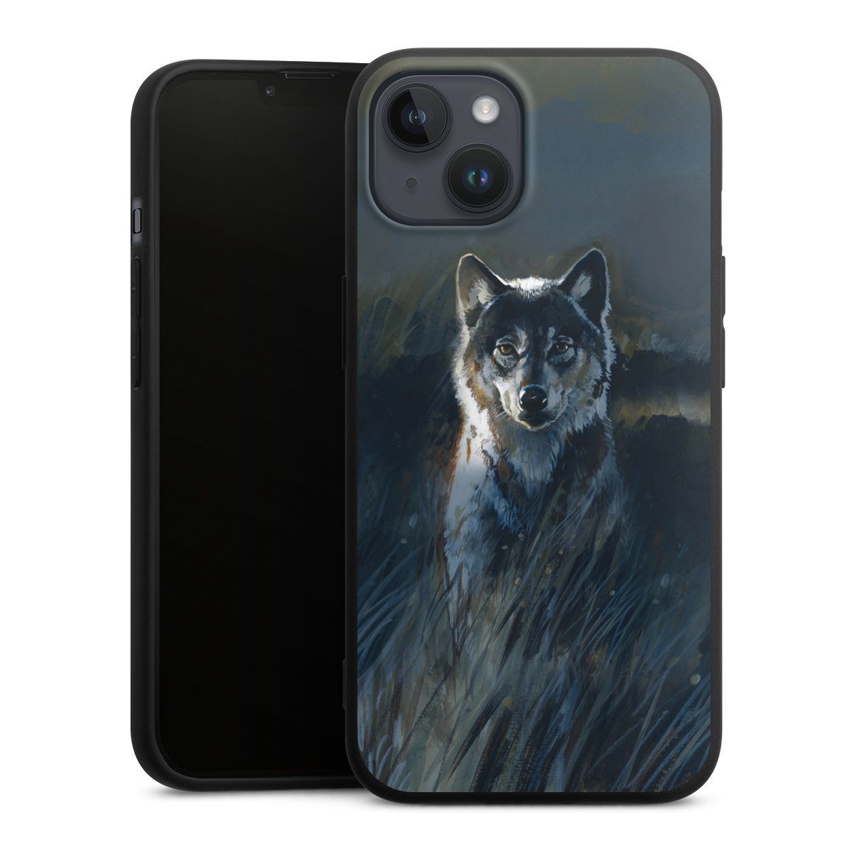 iPhone 14 Plus Handy Premium Silikon Hülle Handyhülle schwarz Case Nature Wolf Painting Silikon Premium Case