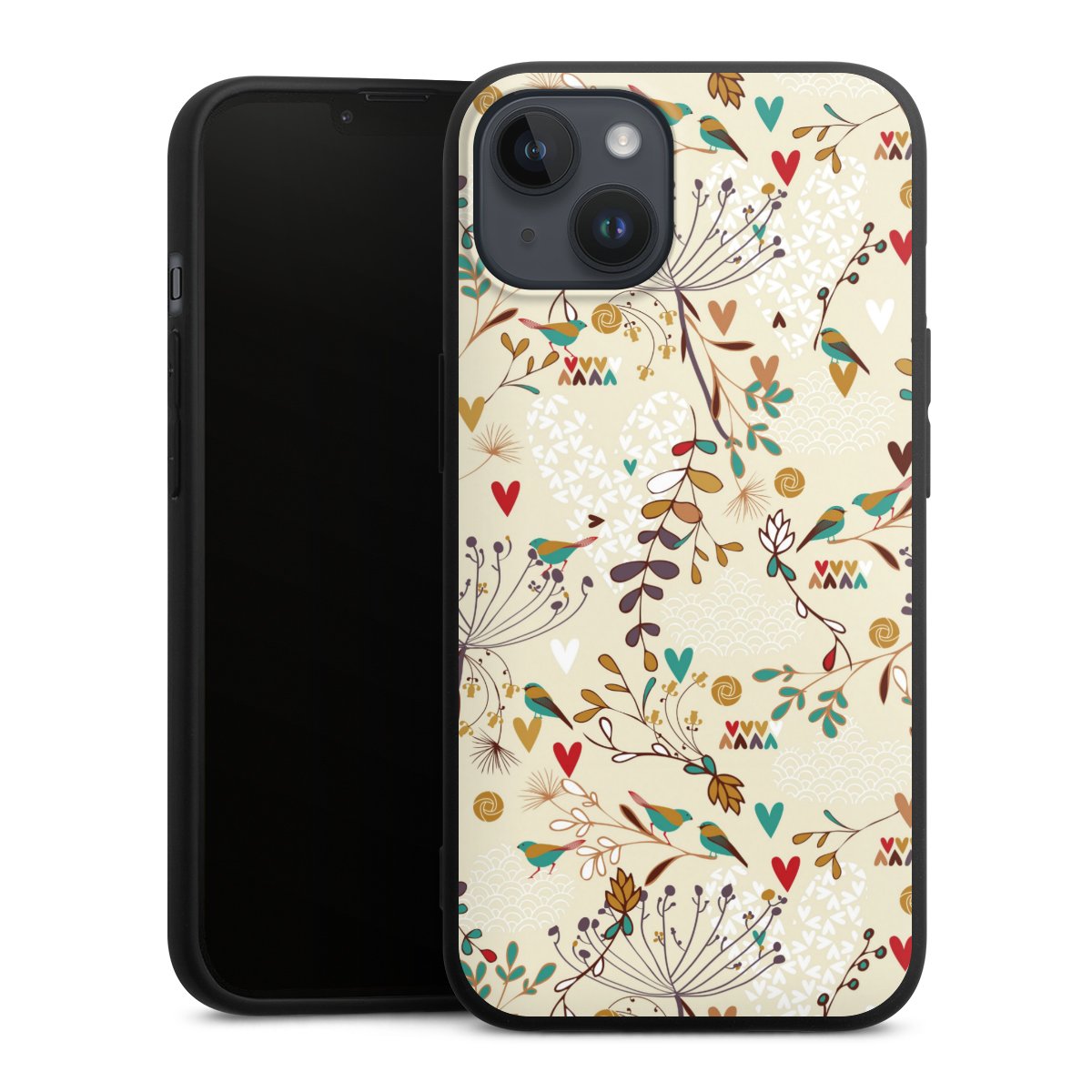 iPhone 14 Plus Handy Premium Silikon Hülle Handyhülle schwarz Case Bird Flowers Retro Silikon Premium Case